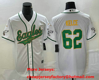 Men's Philadelphia Eagles #62 Jason Kelce White Gold Cool Base Stitched Baseball Jersey
