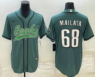 Men's Philadelphia Eagles #68 Jordan Mailata Green With Patch Cool Base Stitched Baseball Jersey