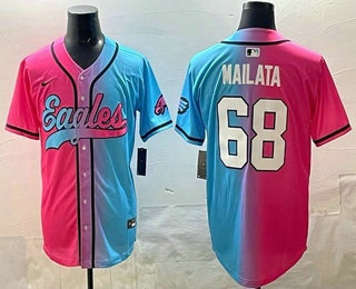 Men's Philadelphia Eagles #68 Jordan Mailata Pink Blue Split Limited Baseball Jersey