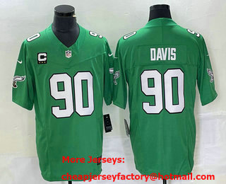 Men's Philadelphia Eagles #90 Jordan Davis Green C Patch 2023 FUSE Vapor Limited Throwback Stitched Jersey