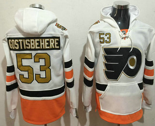 Men's Philadelphia Flyers #53 Shayne Gostisbehere White with Gold 50th Patch Stitched NHL Old Tim Hockey Hoodie