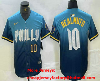 Men's Philadelphia Phillies #10 JT Realmuto Number Blue 2024 City Connect Limited Stitched Jersey 0