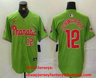Men's Philadelphia Phillies #12 Kyle Schwarber Number Green With Patch Stitched Cool Base Nike Jersey