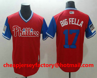 Men's Philadelphia Phillies #17 Rhys Hoskins Big Fella Majestic Scarlet Light Blue 2018 Players' Weekend Cool Base Jersey