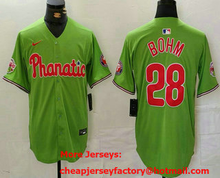 Men's Philadelphia Phillies #28 Alec Bohm Green With Patch Stitched Cool Base Nike Jersey