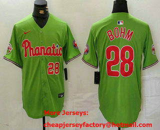 Men's Philadelphia Phillies #28 Alec Bohm Number Green With Patch Stitched Cool Base Nike Jersey