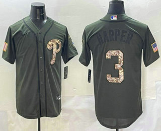 Men's Philadelphia Phillies #3 Bryce Harper Green Salute to Service Cool Base Stitched Jersey