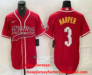 Men's Philadelphia Phillies #3 Bryce Harper Red Cool Base Stitched Baseball Jersey