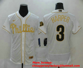 Men's Philadelphia Phillies #3 Bryce Harper White Golden Stitched MLB Flex Base Nike Jersey