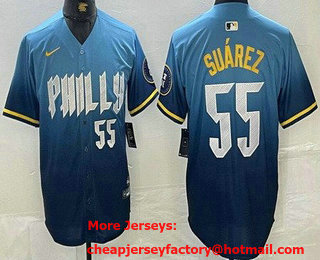 Men's Philadelphia Phillies #55 Ranger Suarez Blue 2024 City Player Number Cool Base Jersey
