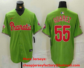 Men's Philadelphia Phillies #55 Ranger Suarez Green With Patch Stitched Cool Base Nike Jersey