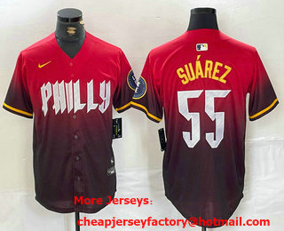Men's Philadelphia Phillies #55 Ranger Suarez Red 2024 City Player Number Cool Base Jersey