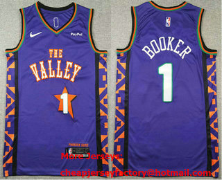 Men's Phoenix Suns #1 Devin Booker Purple 2024 City Edition Sponsor Stitched Jersey