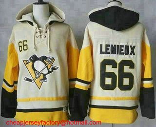Men's Pittsburgh Penguins #66 Mario Lemieux Cream Gold Sawyer Hooded Sweatshirt Stitched NHL Jersey