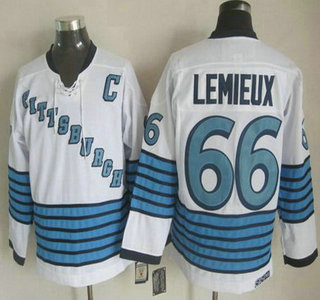 Men's Pittsburgh Penguins #66 Mario Lemieux White Stripe CCM Vintage Throwback1967 Home Jersey