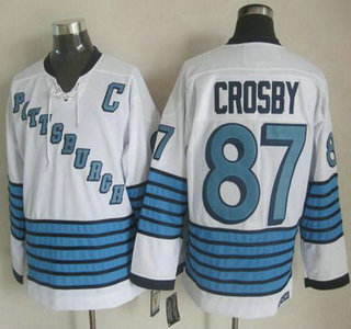 Men's Pittsburgh Penguins #87 Sidney Crosby White Stripe CCM Vintage Throwback 1967 Home Jersey