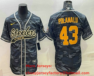 Men's Pittsburgh Steelers #43 Troy Polamalu Grey Navy Camo With Patch Cool Base Stitched Baseball Jersey