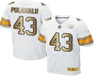 Men's Pittsburgh Steelers #43 Troy Polamalu White With Gold Stitched NFL Nike Elite Jersey