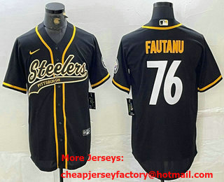 Men's Pittsburgh Steelers #76 Troy Fautanu Black With Patch Cool Base Stitched Baseball Jersey