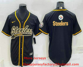 Men's Pittsburgh Steelers Black Team Big Logo With Patch Cool Base Stitched Baseball Jersey