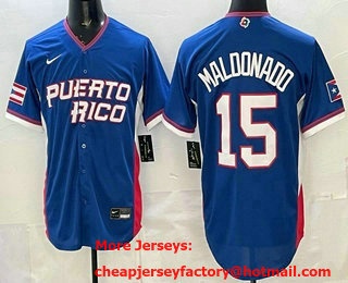 Men's Puerto Rico #15 Martin Maldonado Blue 2026 World Baseball Classic Cool Base Jersey