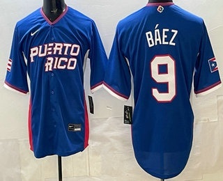 Men's Puerto Rico #9 Javier Baez Blue 2026 World Baseball Classic Cool Base Jersey