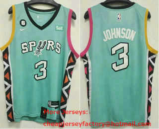 Men's San Antonio Spurs #3 Keldon Johnson 2023 Green City Edition With 6 Patch Stitched Jersey With Sponsor