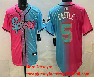 Men's San Antonio Spurs #5 Stephon Castle Pink Blue Limited Stitched Baseball Jersey