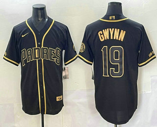 Men's San Diego Padres #19 Tony Gwynn Black Gold Cool Base Jersey