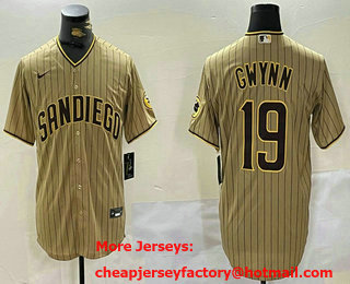 Men's San Diego Padres #19 Tony Gwynn Khaki Team Logo Cool Base Jersey