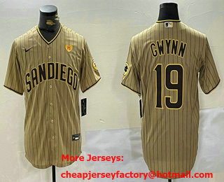 Men's San Diego Padres #19 Tony Gwynn Khaki With PS Patch Team Logo Cool Base Jersey