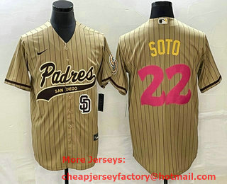 Men's San Diego Padres #22 Juan Soto Tan Pinstripe 2023 City Connect Cool Base Stitched Jersey 12