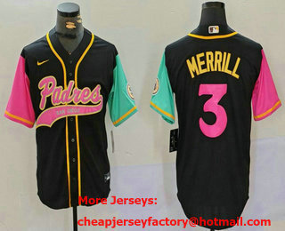 Men's San Diego Padres #3 Jackson Merrill Black NEW 2023 City Connect Cool Base Stitched Jersey