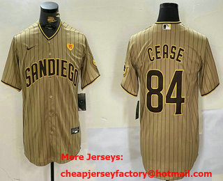 Men's San Diego Padres #84 Dylan Cease Khaki Team Logo With PS Patch Stitched Cool Base Nike Jersey