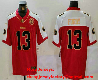 Men's San Francisco 49ers #13 Brock Purdy Red Gold FUSE Gate Bridge Patch Vapor Limited Stitched Jersey