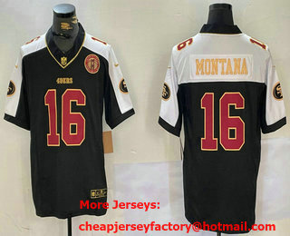 Men's San Francisco 49ers #16 Joe Montana Black Gold FUSE Gate Bridge Patch Vapor Limited Stitched Jersey