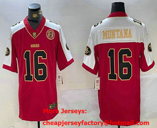 Men's San Francisco 49ers #16 Joe Montana Red Gold FUSE Gate Bridge Patch Vapor Limited Stitched Jersey