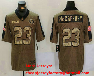 Men's San Francisco 49ers #23 Christian McCaffrey 2021 Olive Camo Salute To Service Limited Stitched Jersey