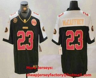 Men's San Francisco 49ers #23 Christian McCaffrey Balck Golden FUSE Team Patch Vapor Limited Stitched Jersey
