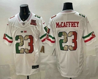 Men's San Francisco 49ers #23 Christian McCaffrey White 5x Super Bowl Champions FUSE Mexico Vapor Limited Jersey