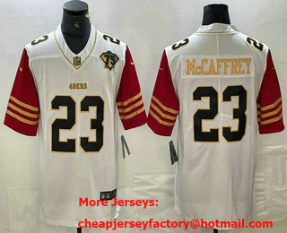 Men's San Francisco 49ers #23 Christian McCaffrey White 75th Patch Golden Edition Stitched Nike Limited Jersey