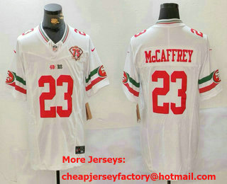 Men's San Francisco 49ers #23 Christian McCaffrey White FUSE Mexico 75TH Patch Vapor Limited Stitched Jersey