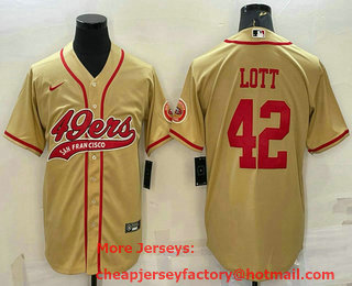 Men's San Francisco 49ers #42 Ronnie Lott Gold With Patch Cool Base Stitched Baseball Jersey