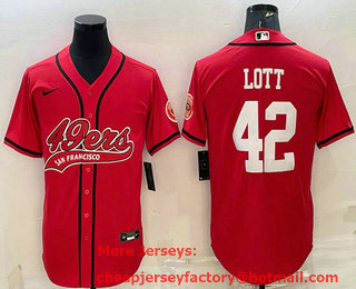 Men's San Francisco 49ers #42 Ronnie Lott Red With Patch Cool Base Stitched Baseball Jersey