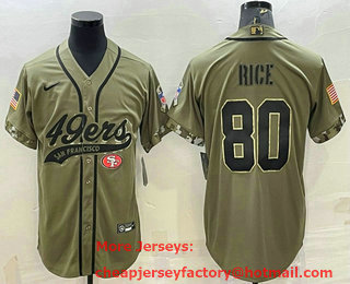 Men's San Francisco 49ers #80 Jerry Rice 2022 Olive Salute to Service Cool Base Stitched Baseball Jersey