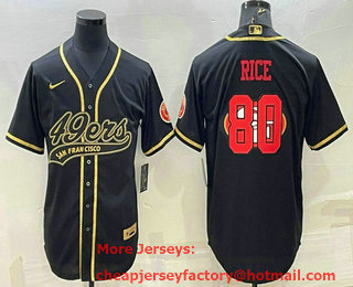 Men's San Francisco 49ers #80 Jerry Rice Black Gold Team Big Logo With Patch Cool Base Stitched Baseball Jersey