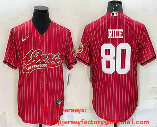 Men's San Francisco 49ers #80 Jerry Rice Red Pinstripe With Patch Cool Base Stitched Baseball Jersey