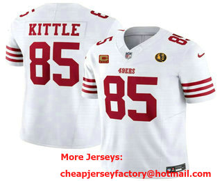 Men's San Francisco 49ers #85 George Kittle White C And John Madden Patch 2023 FUSE Vapor Limited Stitched Jersey