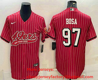 Men's San Francisco 49ers #97 Nick Bosa Red Pinstripe Color Rush With Patch Cool Base Stitched Baseball Jersey