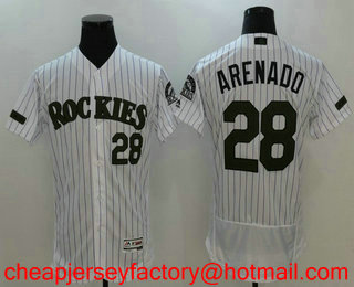 Men's Colorado Rockies #28 Nolan Arenado White with Green Memorial Day Stitched MLB Flex Base Jersey
